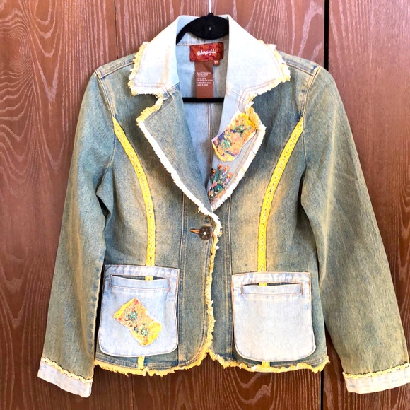 VINTAGE CHAGALL DENIM EMBELLISHED SMJACKET-HIPPIE BOHO APPLIQUÉ BEAD SEQUIN #043 - Picture 2 of 14